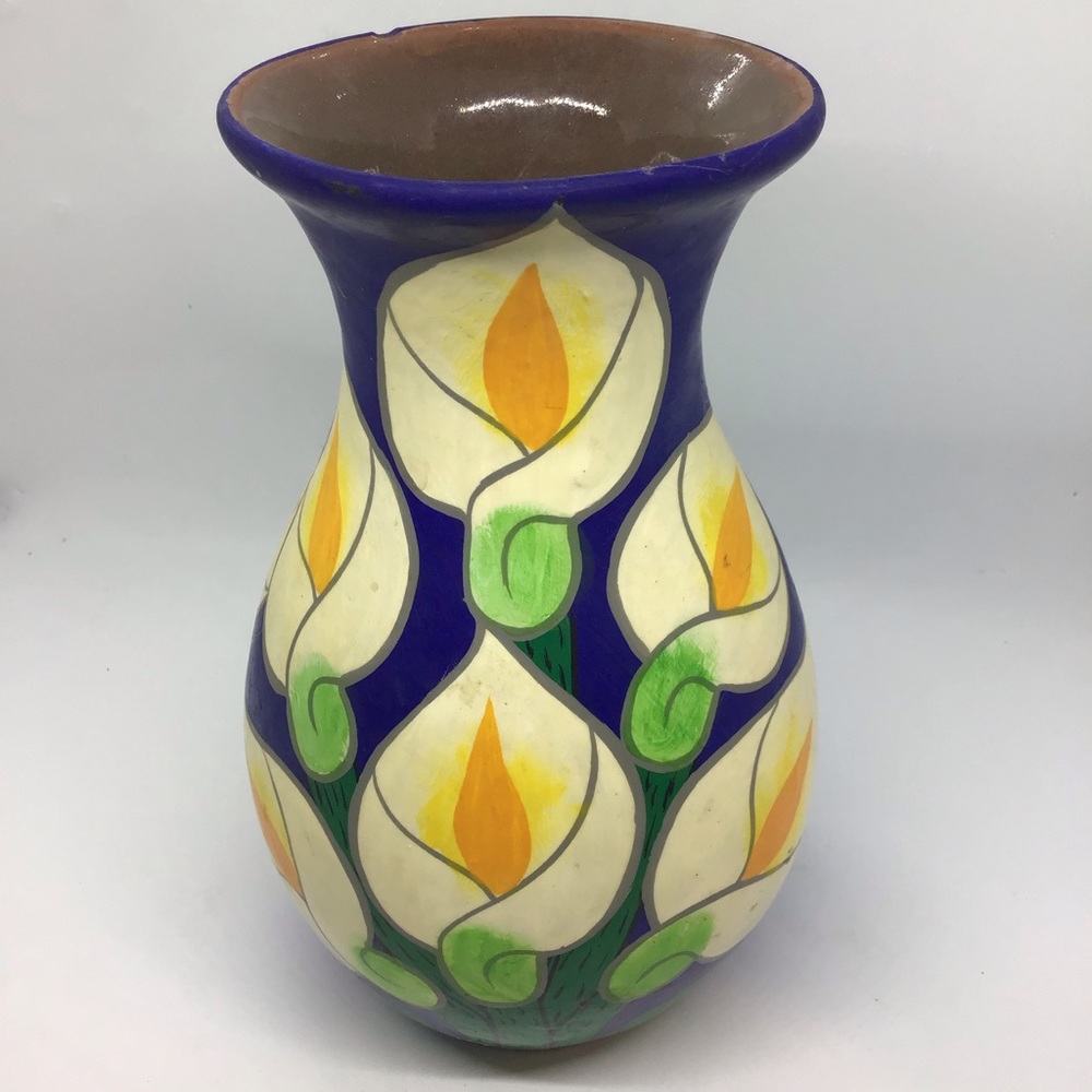 Vtg Mexican Blue Calla Lily Flower Hand Painted Red Clay Vase Pottery Folk Art - Picture 3 of 7